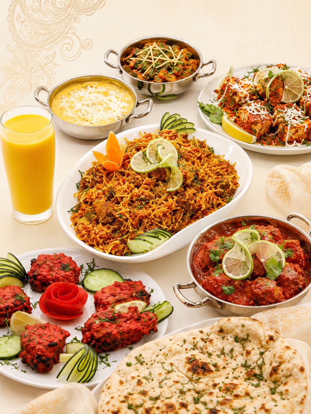 Reich gedeckter Tisch mit indischen Spezialitäten – Biryani, Tandoori, Currys, Naan und Mango Lassi im Raja Rani Heidelberg